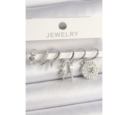 Pirinç Gümüş Renk Zirkon Taşlı Çoklu Figür Kadın Küpe Seti - TJ-BKP10103