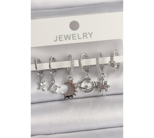 Pirinç Gümüş Renk Zirkon Taşlı Gezgen Model Kadın Küpe Seti - TJ-BKP10113