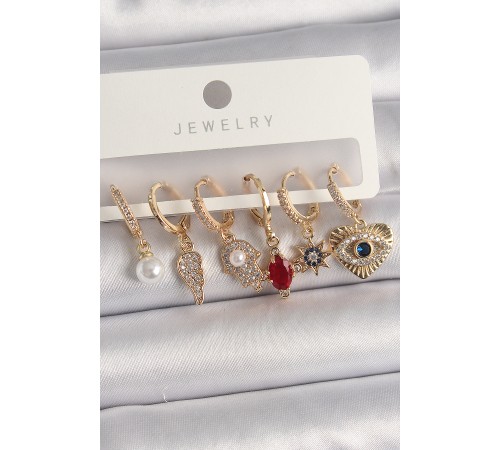 Pirinç Gold Renk Sallantı Zirkon Taşlı Fatma Ana El Figür Kadın Küpe Seti - TJ-BKP10116