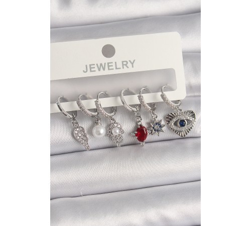 Pirinç Gümüş Renk Sallantı Zirkon Taşlı Fatma Ana El Figür Kadın Küpe Seti - TJ-BKP10117