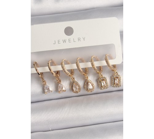 Pirinç Gold Renk Sallantı Zirkon Taşı Damla Model Kadın Küpe Seti - TJ-BKP10120