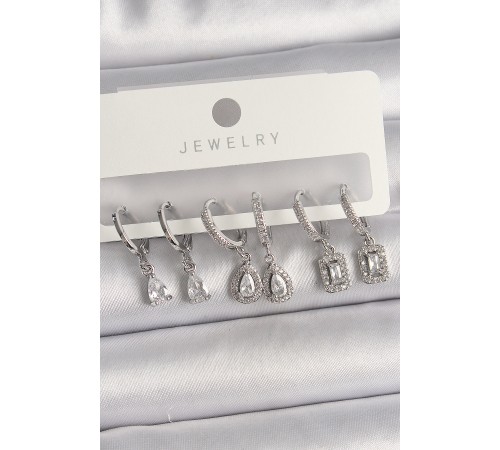 Pirinç Gümüş Renk Sallantı Zirkon Taşlı Damla Model Kadın Küpe Seti - TJ-BKP10121