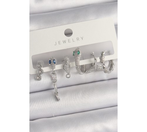 Pirinç Gümüş Renk Sallantı Zirkon Taşlı Yılan Model Kadın Küpe Seti - TJ-BKP10133