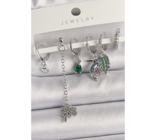 Pirinç Gümüş Renk Sallantı Zirkon Taşlı Ağaç Figür Çoklu Kadın Küpe Seti - TJ-BKP10119