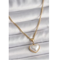 316L Çelik Gold Renk Zincir 3D İnci Kalp Model Kadın Kolye - TJ-BKO9770