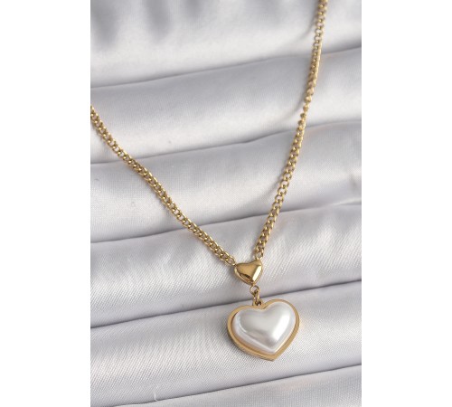 316L Çelik Gold Renk Zincir 3D İnci Kalp Model Kadın Kolye - TJ-BKO9770
