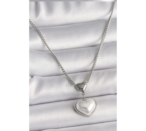 316L Çelik Gümüş Renk Zincir 3D Kalp Model Kadın Kolye - TJ-BKO9771