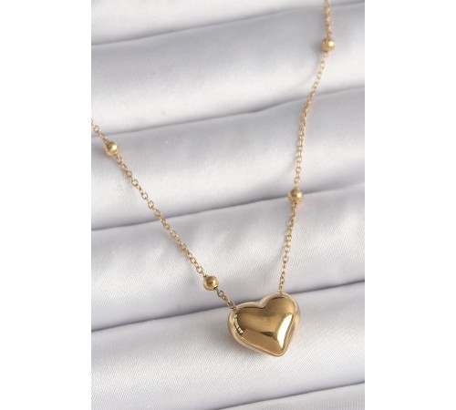 316L Çelik Gold Renk Topçuk Detaylı Zincir Kalp Model Kadın Kolye - TJ-BKO9772