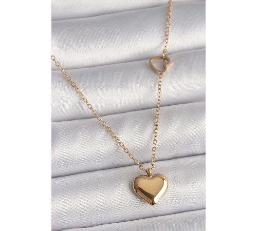 316L Çelik Gold Renk Zincir Kalp Detay Kalp Figür Kadın Kolye - TJ-BKO9774