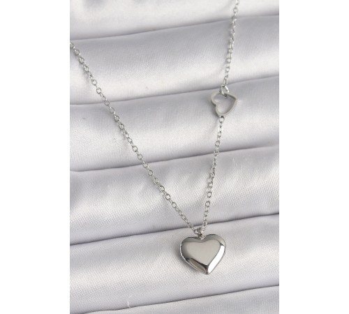 316L Çelik Gümüş Renk Zincir Kalp Detay Kalp Figür Kadın Kolye - TJ-BKO9775