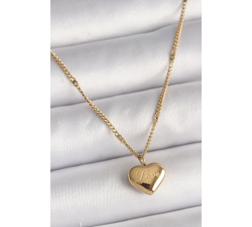 316L Çelik Gold Renk Zincir Love İşlemeli Kalp Figür Kadın Kolye - TJ-BKO9778