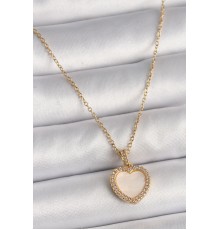 316L Çelik Gold Renk Zincir Zirkon Taşlı Beyaz Mineli Kalp Model Kadın Kolye - TJ-BKO9780