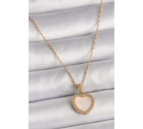 316L Çelik Gold Renk Zincir Zirkon Taşlı Beyaz Mineli Kalp Model Kadın Kolye - TJ-BKO9780