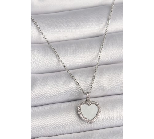 316L Çelik Gümüş Renk Zincir Zirkon Taşlı Beyaz Mineli Kalp Model Kadın Kolye - TJ-BKO9781