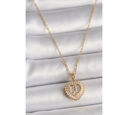 316L Çelik Gold Renk Zincir Zirkon Taşlı Kalp Model Kadın Kolye - TJ-BKO9786