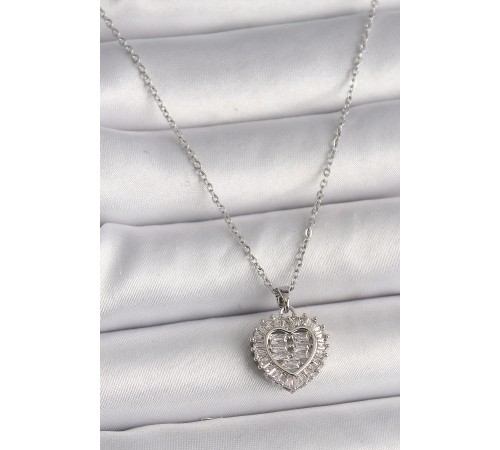 316L Çelik Gümüş Renk Zincir Zirkon Taşlı Kalp Model Kadın Kolye - TJ-BKO9787