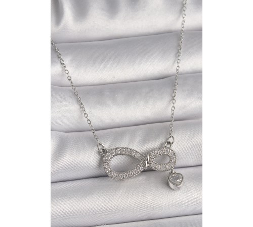 316L Çelik Gümüş Renk Zincir Zirkon Taşlı Sonsuzluk Model Taşlı Kalp Detay Kadın Kolye - TJ-BKO9801