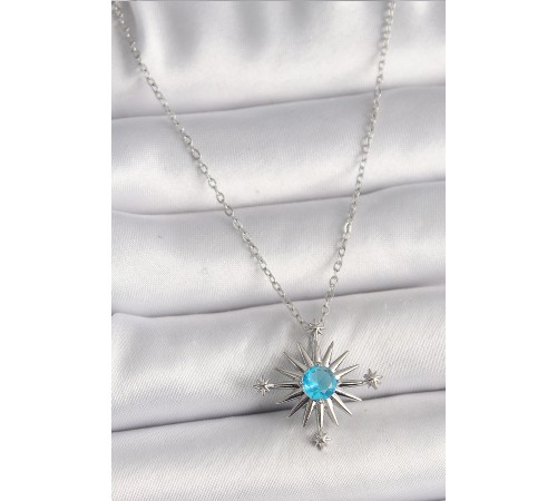 316L Çelik Gümüş Renk Zincir Mavi Taş Detaylı Kuzey Yıldızı Model Kadın Kolye - TJ-BKO9807