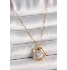 316L Çelik Gold Renk Zincir Zirkon Taşlı Kalp Model Gül Detay Kadın Kolye - TJ-BKO9808