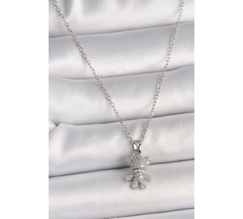 316L Çelik Gümüş Renk Zincir Zirkon Taşlı Ayıcık Figür Kadın Kolye - TJ-BKO9811