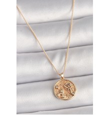 Pirinç Gold Renk Zirkon Taş Detaylı Gül İşleme Madalyon Model Kadın Kolye - TJ-BKO9816