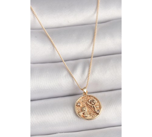 Pirinç Gold Renk Zirkon Taş Detaylı Gül İşleme Madalyon Model Kadın Kolye - TJ-BKO9816