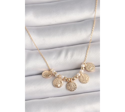 Pirinç Gold Renk 5'Li Osmanlı Tuğra Figür İnci Detay Kadın Kolye - TJ-BKO9825