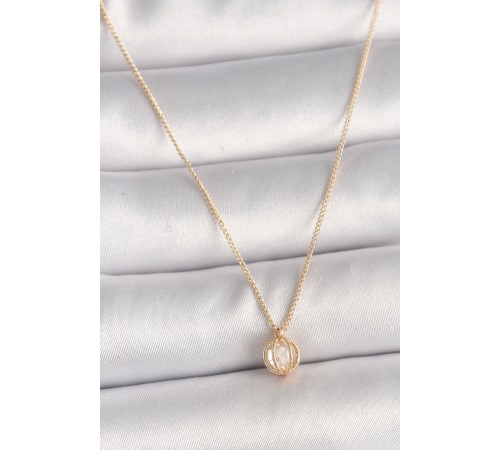 Pirinç Gold Renk Zirkon Taşlı Daire Kafes Model Kadın Kolye - TJ-BKO9828