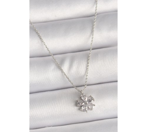 Pirinç Gümüş Renk Zirkon Taşlı Çiçek Model Kadın Kolye - TJ-BKO9833