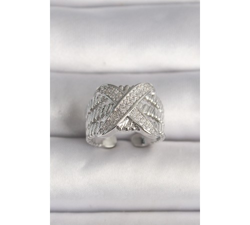 Pirinç Gümüş Renk Ayarlanabilir Zirkon Taşlı X Model Kadın Yüzük - TJ-BYK3582