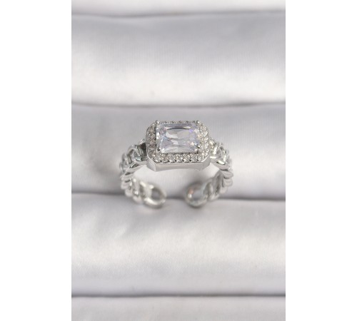 Pirinç Gümüş Renk Ayarlanabilir Zincir Kare Zirkon Taşlı Kadın Yüzük - TJ-BYK3583