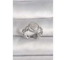 Pirinç Gümüş Renk Zincir Model Zirkon Taşlı Kalp Model Kadın Yüzük - TJ-BYK3587