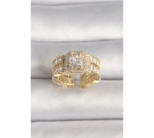 Pirinç Gold Renk Ayarlanabilir Baget Zirkon Taş Model Kadın Yüzük - TJ-BYK3589