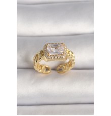 Pirinç Gold Renk Zincir Model Kare Zirkon Taşlı Kadın Yüzük - TJ-BYK3590