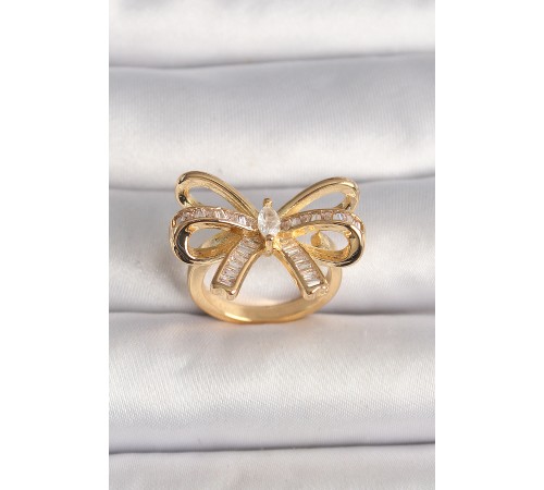 Pirinç Gold Renk Ayarlanabilir Zirkon Taşlı Kurdele Model Kadın Yüzük - TJ-BYK3592