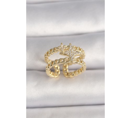 Pirinç Gold Renk 2'Li Zincir Zirkon Taşlı Yıldız Figür Kadın Kolye - TJ-BYK3594