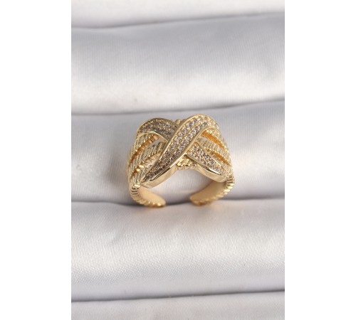 Pirinç Gold Renk Ayarlanabilir Zirkon Taşlı X Model Kadın Yüzük - TJ-BYK3601