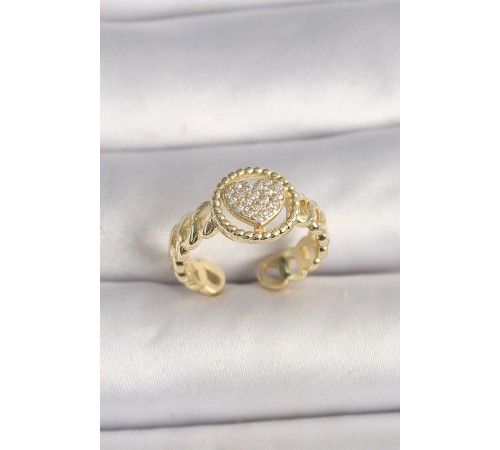 Pirinç Gold Renk Ayarlanabilir Zirkon Taşlı Kalp Model Kadın Yüzük - TJ-BYK3604