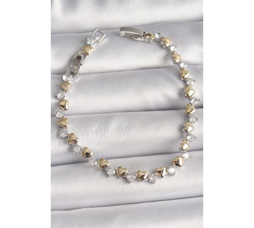 Pirinç Gümüş Renk Zirkon Taşlı Gold Kalpli VIP Seri Kadın Bileklik - TJ-BB6714