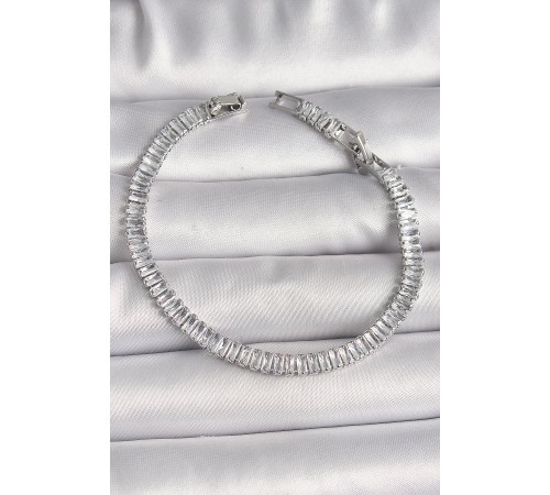 Pirinç Gümüş Renk Zirkon Taşlı Su Yolu Model Kadın Bileklik - TJ-BB6725