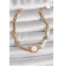 316L Çelik Gold Renk Yassı Zincir Model Zirkon Taş Detaylı Beyaz Mineli Madalyon Model Kadın Bileklik - TJ-BB6732