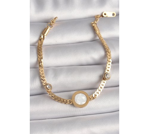 316L Çelik Gold Renk Yassı Zincir Model Zirkon Taş Detaylı Beyaz Mineli Madalyon Model Kadın Bileklik - TJ-BB6732