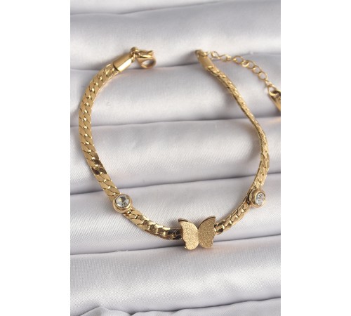 316L Çelik Gold Renk Yassı Zincir Zirkon Taşlı Simli Figür Kadın Bileklik - TJ-BB6734