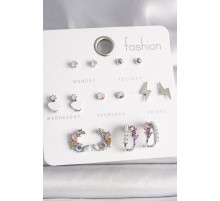 Pirinç Gümüş Renk Zirkon Taşlı İnci Halka Şimşek Detay 7 Çift Kadın Küpe Seti - TJ-BKP10136