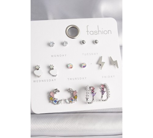 Pirinç Gümüş Renk Zirkon Taşlı İnci Halka Şimşek Detay 7 Çift Kadın Küpe Seti - TJ-BKP10136