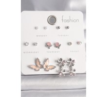 Pirinç Gümüş Renk Zirkon Taşlı Sallantı Çiçek Mineli Figür İnci Detay 7 Çift Kadın Küpe Seti - TJ-BKP10138