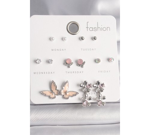 Pirinç Gümüş Renk Zirkon Taşlı Sallantı Çiçek Mineli Figür İnci Detay 7 Çift Kadın Küpe Seti - TJ-BKP10138