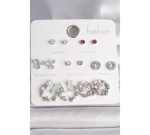 Pirinç Gümüş Renk Zirkon Taşlı Kelbekli Çiçekli Halka Model 7 Çift Kadın Küpe Seti - TJ-BKP10141