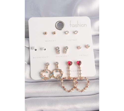 Pirinç Gold Renk Zirkon Taşlı Sallantı Kalp Figür 7 Çift Kadın Küpe Seti - TJ-BKP10163