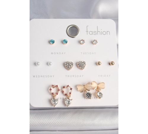 Pirinç Gold Renk Zirkon Taşlı Kalp Beyaz Mineli Fiyonk Figür 7 Çift Kadın Küpe Seti - TJ-BKP10170